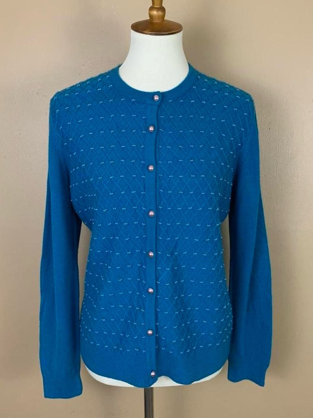 Vintage Drapers Damons Womens Medium Blue Beaded Pearl Button Up Preppy Cardigan